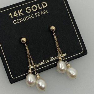 14K Yellow Gold and Genuine Pearl Dangle Delicate Earrings for Women